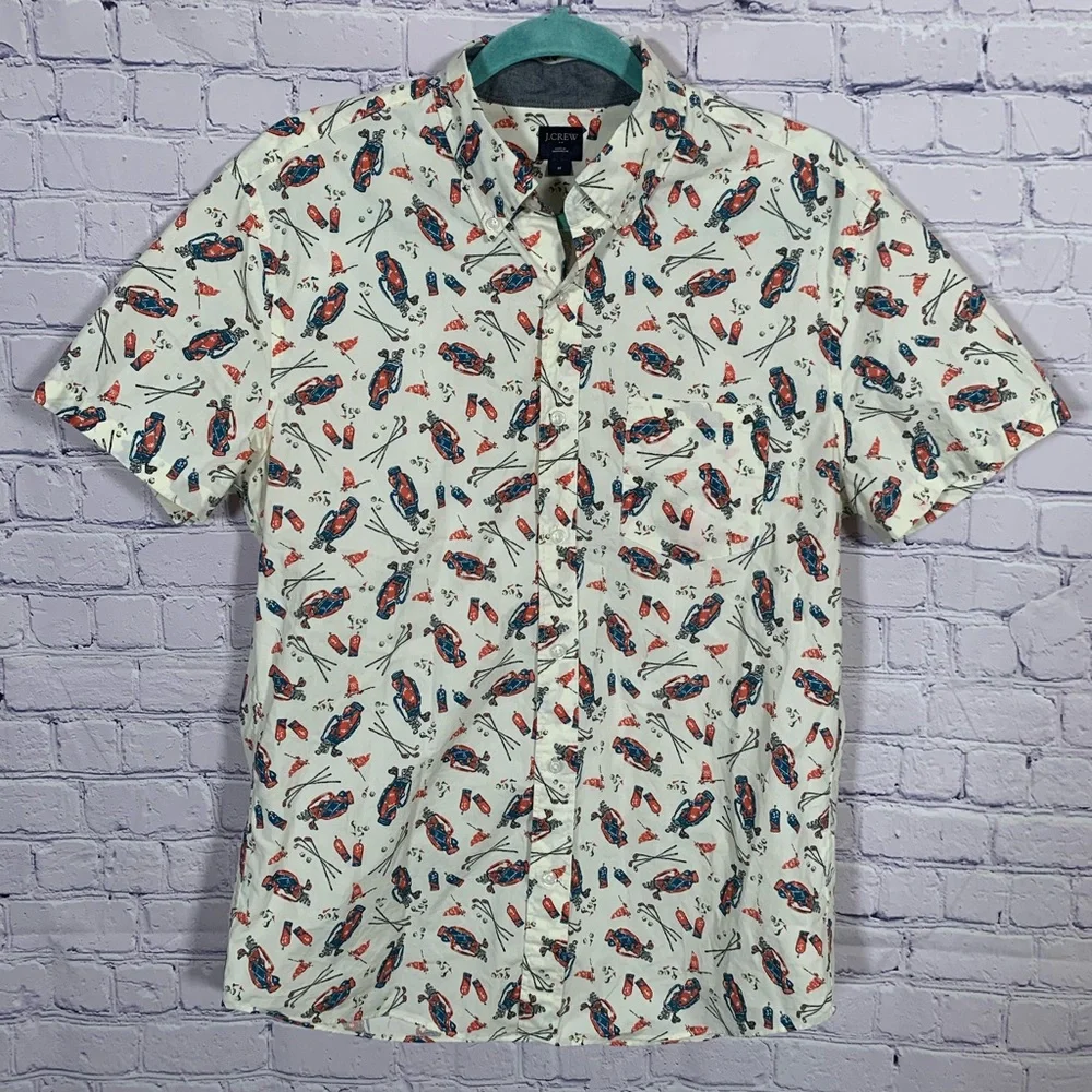 J.Crew Mens Short Sleeve Golf Print Button Down Cream Multi Size M Golf Prep